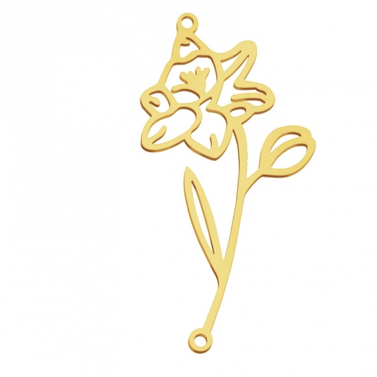 Picture of 304 Stainless Steel Birth Month Flower Connectors Gold Plated December Hollow 4.4cm x 2.2cm, 1 Piece
