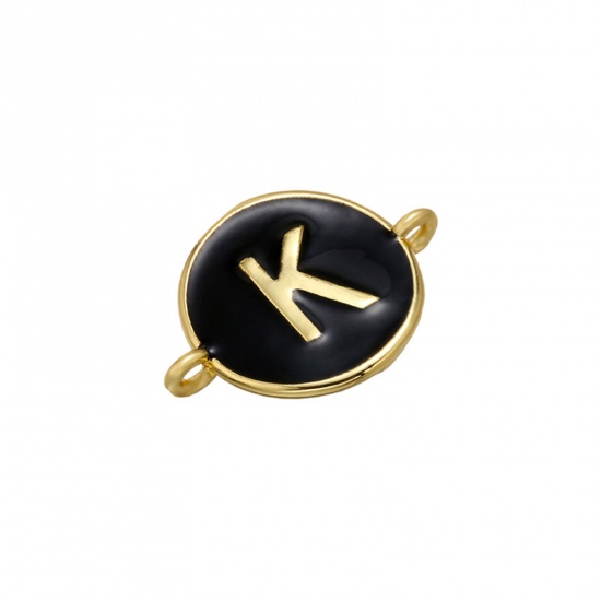 Picture of Brass Connectors Gold Plated Black Round Initial Alphabet/ Capital Letter Message " K " Enamel 18mm x 13mm, 1 Piece                                                                                                                                           