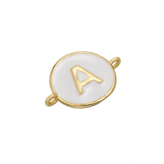 Picture of Brass Connectors Gold Plated White Round Initial Alphabet/ Capital Letter Message " A " Enamel 18mm x 13mm, 1 Piece                                                                                                                                           