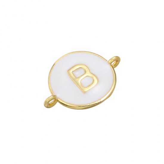 Picture of Brass Connectors Gold Plated White Round Initial Alphabet/ Capital Letter Message " B " Enamel 18mm x 13mm, 1 Piece                                                                                                                                           