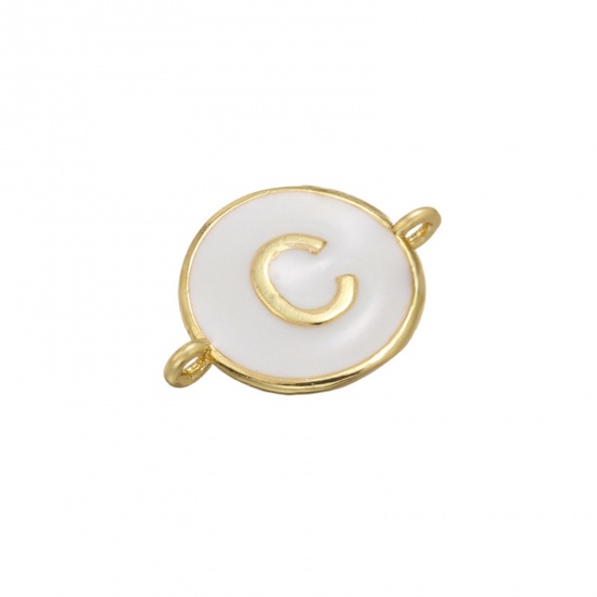 Picture of Brass Connectors Gold Plated White Round Initial Alphabet/ Capital Letter Message " C " Enamel 18mm x 13mm, 1 Piece                                                                                                                                           
