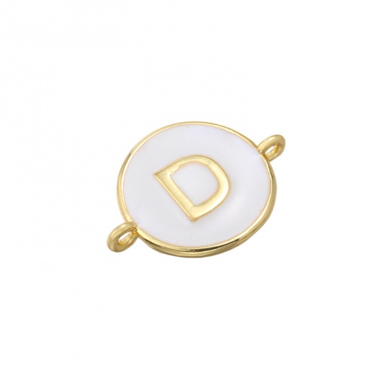 Picture of Brass Connectors Gold Plated White Round Initial Alphabet/ Capital Letter Message " D " Enamel 18mm x 13mm, 1 Piece                                                                                                                                           