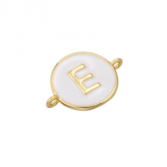 Picture of Brass Connectors Gold Plated White Round Initial Alphabet/ Capital Letter Message " E " Enamel 18mm x 13mm, 1 Piece                                                                                                                                           
