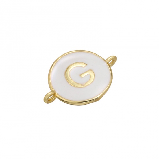 Picture of Brass Connectors Gold Plated White Round Initial Alphabet/ Capital Letter Message " G " Enamel 18mm x 13mm, 1 Piece                                                                                                                                           