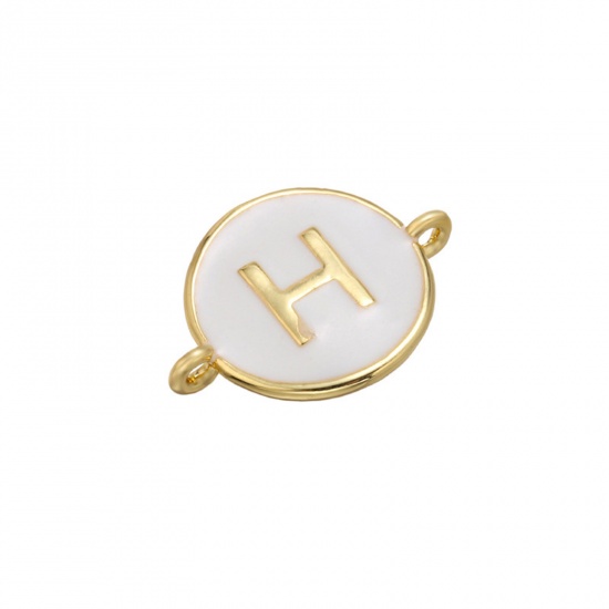 Picture of Brass Connectors Gold Plated White Round Initial Alphabet/ Capital Letter Message " H " Enamel 18mm x 13mm, 1 Piece                                                                                                                                           