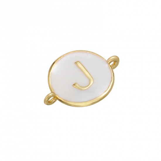 Picture of Brass Connectors Gold Plated White Round Initial Alphabet/ Capital Letter Message " J " Enamel 18mm x 13mm, 1 Piece                                                                                                                                           