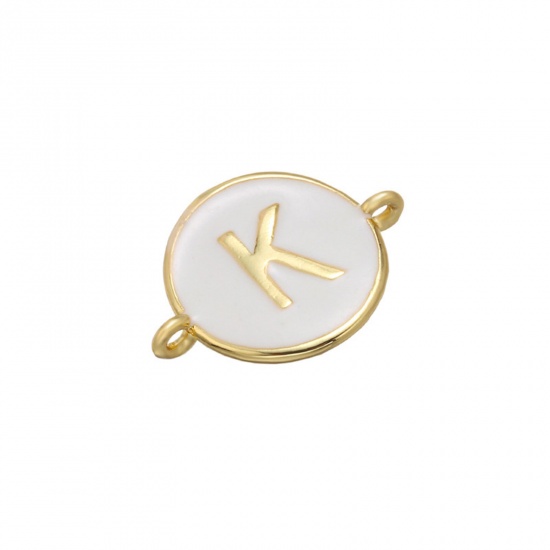 Picture of Brass Connectors Gold Plated White Round Initial Alphabet/ Capital Letter Message " K " Enamel 18mm x 13mm, 1 Piece                                                                                                                                           