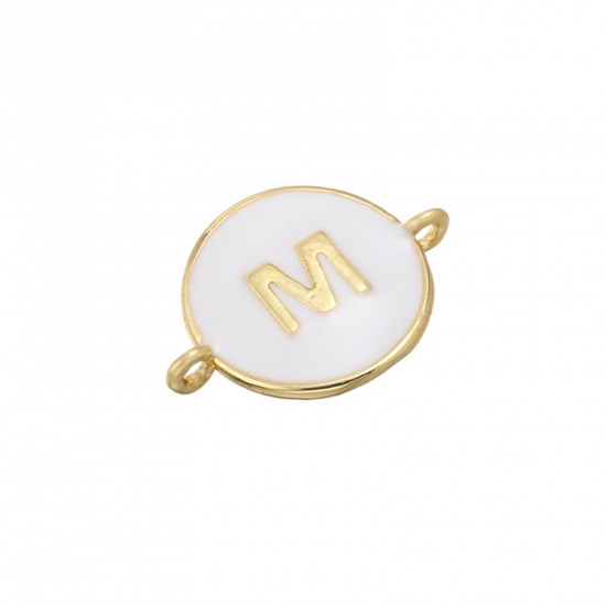 Picture of Brass Connectors Gold Plated White Round Initial Alphabet/ Capital Letter Message " M " Enamel 18mm x 13mm, 1 Piece                                                                                                                                           