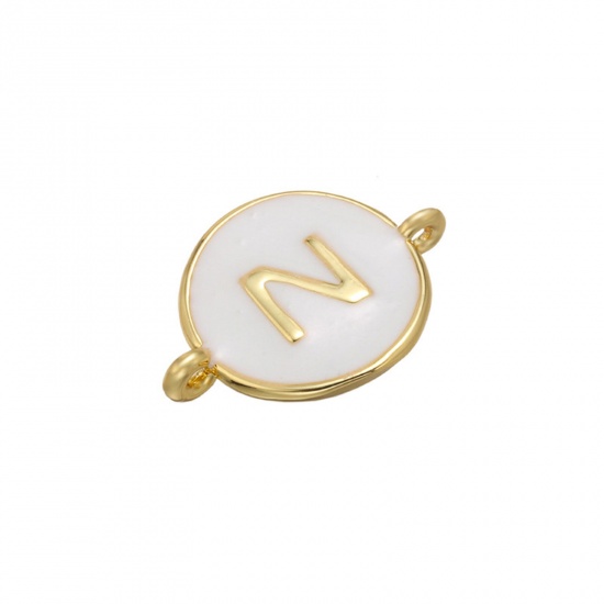 Picture of Brass Connectors Gold Plated White Round Initial Alphabet/ Capital Letter Message " N " Enamel 18mm x 13mm, 1 Piece                                                                                                                                           