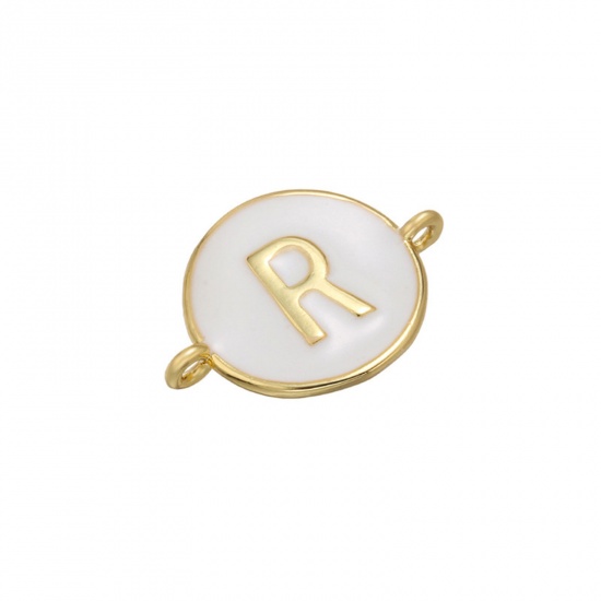 Picture of Brass Connectors Gold Plated White Round Initial Alphabet/ Capital Letter Message " R " Enamel 18mm x 13mm, 1 Piece                                                                                                                                           