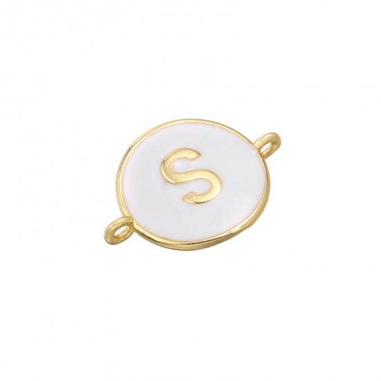 Picture of Brass Connectors Gold Plated White Round Initial Alphabet/ Capital Letter Message " S " Enamel 18mm x 13mm, 1 Piece                                                                                                                                           