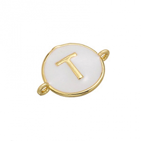 Picture of Brass Connectors Gold Plated White Round Initial Alphabet/ Capital Letter Message " T " Enamel 18mm x 13mm, 1 Piece                                                                                                                                           