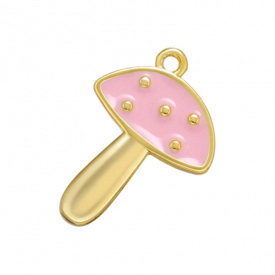 Picture of Brass Charms Gold Plated Pink Mushroom Enamel 15.5mm x 11mm, 1 Piece                                                                                                                                                                                          