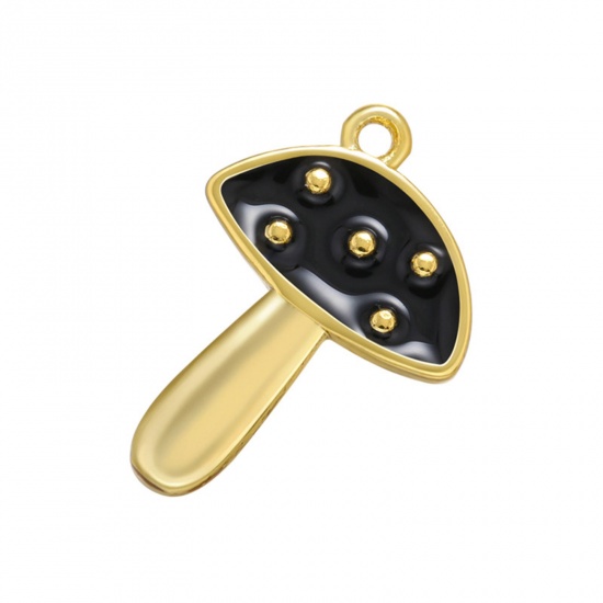 Picture of Brass Charms Gold Plated Black Mushroom Enamel 15.5mm x 11mm, 1 Piece                                                                                                                                                                                         