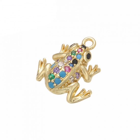 Picture of 1 Piece Brass Charms 18K Gold Plated Frog Animal Micro Pave Multicolor Rhinestone 15mm x 13.5mm
