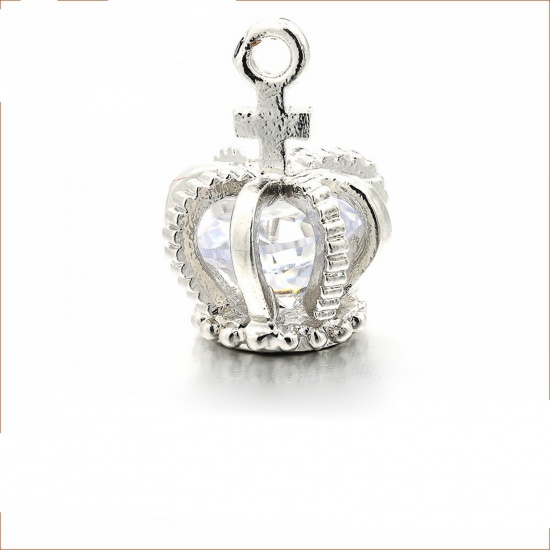 Picture of 1 Piece Brass 3D Charms Platinum Plated Crown Clear Rhinestone 16mm x 11mm