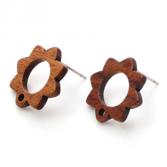 Picture of Wood Ear Post Stud Earrings Findings Flower Brown W/ Loop 17mm x 17mm, Post/ Wire Size: (21 gauge), 10 PCs