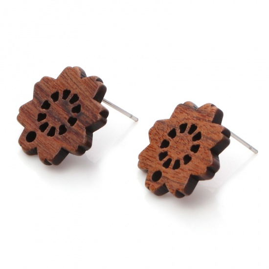Picture of Wood Ear Post Stud Earrings Findings Sakura Flower Brown W/ Loop 18mm x 18mm, Post/ Wire Size: (21 gauge), 10 PCs