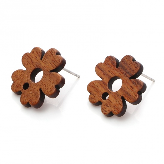 Picture of Wood Ear Post Stud Earrings Findings Flower Brown W/ Loop 18mm x 17mm, Post/ Wire Size: (21 gauge), 10 PCs