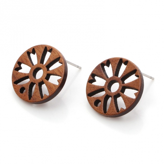Picture of Wood Ear Post Stud Earrings Findings Round Brown Flower W/ Loop 18mm Dia., Post/ Wire Size: (21 gauge), 10 PCs