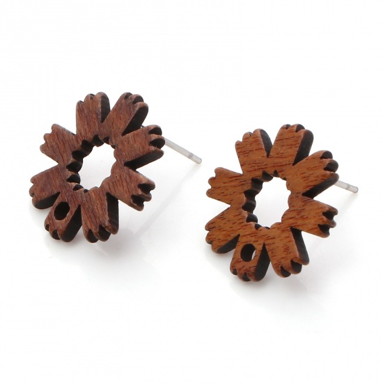Picture of Wood Ear Post Stud Earrings Findings Flower Brown W/ Loop 17mm x 17mm, Post/ Wire Size: (21 gauge), 10 PCs