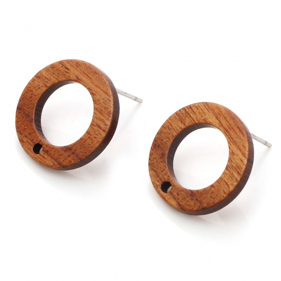 Picture of Wood Ear Post Stud Earrings Findings Circle Ring Brown W/ Loop 18mm Dia., Post/ Wire Size: (21 gauge), 10 PCs