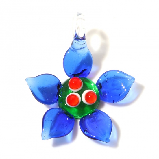 Picture of Lampwork Glass Pendants Blue Flower 4cm x 3.4cm, 2 PCs