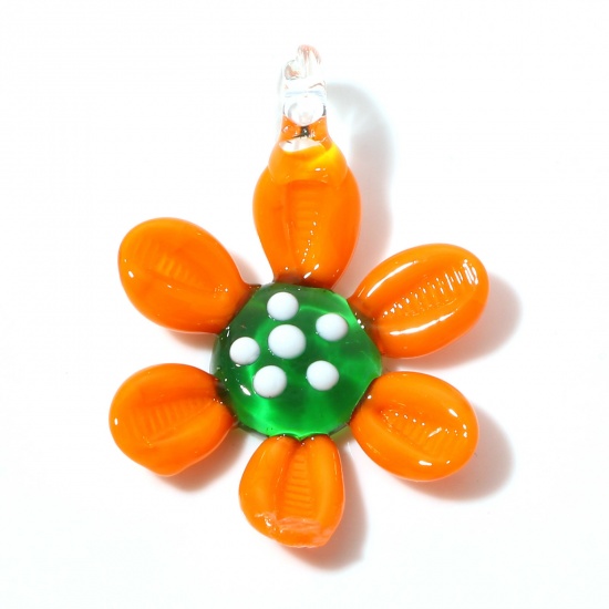 Picture of Lampwork Glass Pendants Orange Flower 4.2cm x 2.9cm, 2 PCs