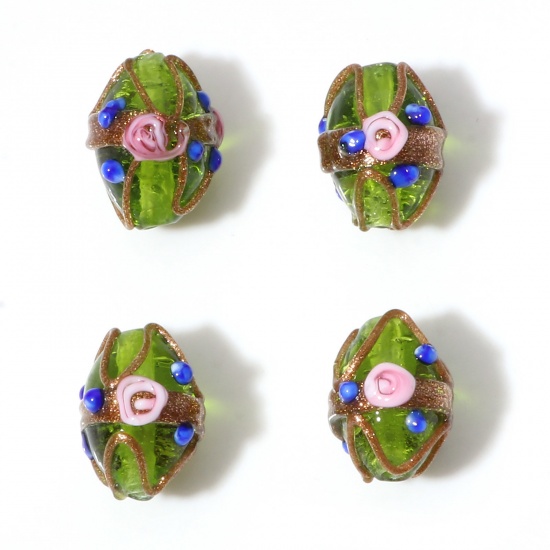 Picture of Lampwork Glass Beads Oval Green Flower About 17mm x 13mm, Hole: Approx 1.8mm, 5 PCs