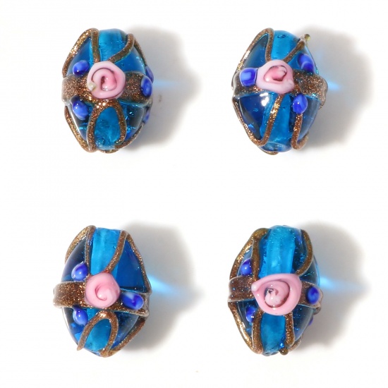 Picture of Lampwork Glass Beads Oval Blue Flower About 17mm x 13mm, Hole: Approx 1.8mm, 5 PCs