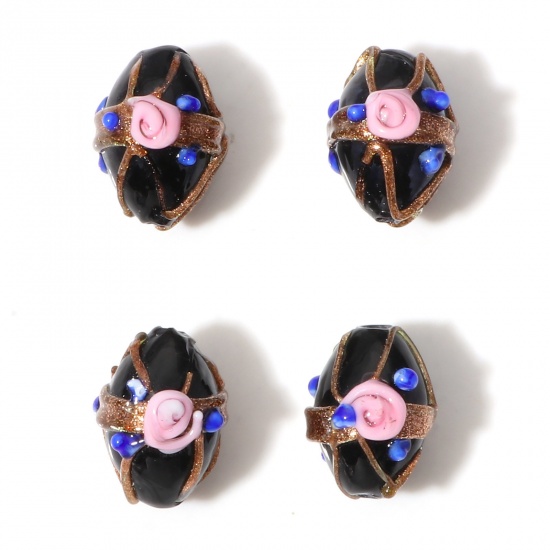 Picture of Lampwork Glass Beads Oval Black Flower About 17mm x 13mm, Hole: Approx 1.8mm, 5 PCs