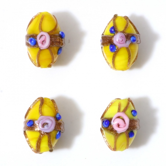 Picture of Lampwork Glass Beads Oval Yellow Flower About 17mm x 13mm, Hole: Approx 1.8mm, 5 PCs