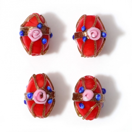 Picture of Lampwork Glass Beads Oval Red Flower About 17mm x 13mm, Hole: Approx 1.8mm, 5 PCs