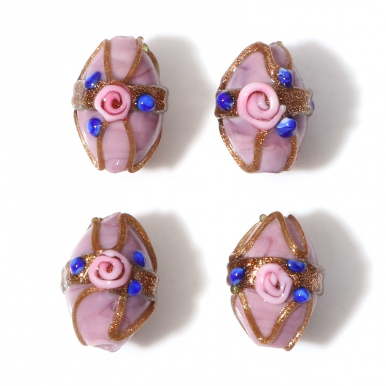 Picture of Lampwork Glass Beads Oval Pale Pinkish Gray Flower About 17mm x 13mm, Hole: Approx 1.8mm, 5 PCs