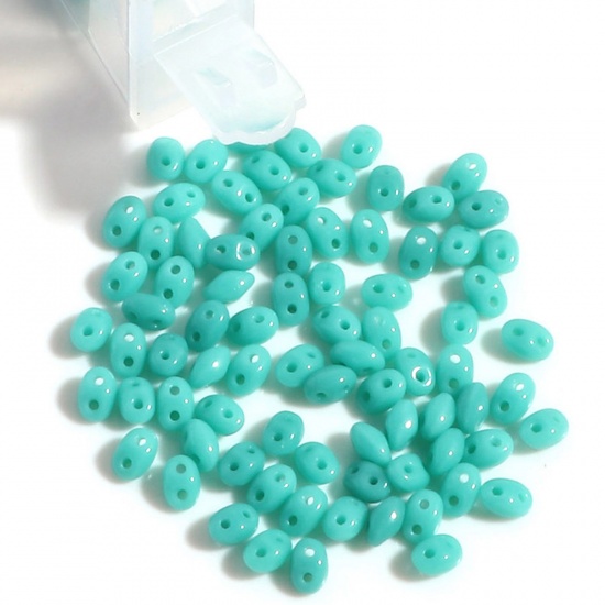 Picture of (10g) (Czech Import) Glass Two Hole Twin Seed Beads Green Blue Opaque About 5mm x 4mm, Hole: Approx 0.8mm, 1 Bottle (Approx 15 PCs/Gram)