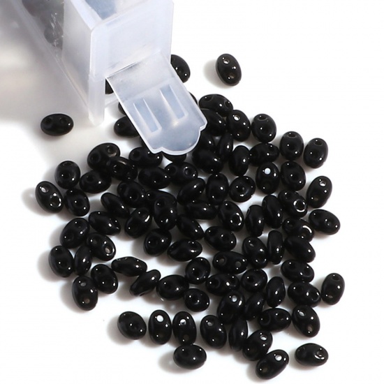 Picture of (10g) (Czech Import) Glass Two Hole Twin Seed Beads Black Opaque About 5mm x 4mm, Hole: Approx 0.8mm, 1 Bottle (Approx 15 PCs/Gram)