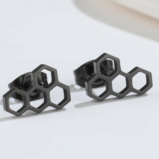 Picture of Titanium Steel Ins Style Ear Post Stud Earrings Black Chemical Formula 11mm x 7mm, Post/ Wire Size: (18 gauge), 2 Pairs