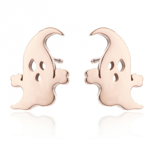 Picture of Titanium Steel Halloween Ear Post Stud Earrings Rose Gold Ghost Hollow 11mm x 8mm, 3 Pairs