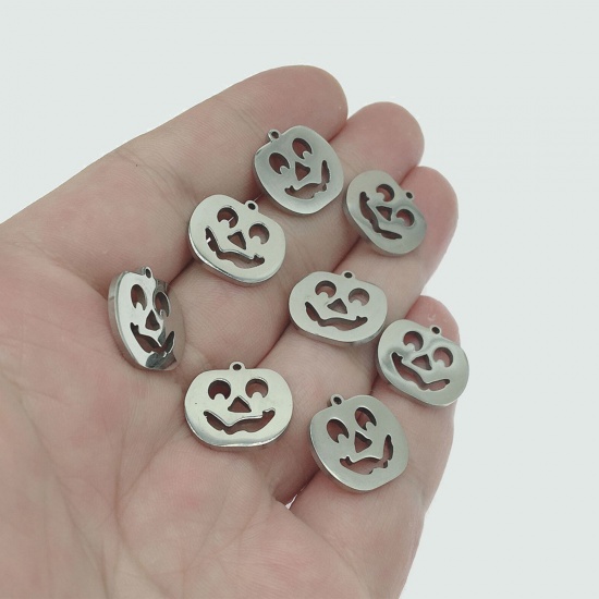 Image de Breloques en Acier Inoxydable Halloween Citrouille Argent Mat Creux 18mm x 16mm , 1 Pièce