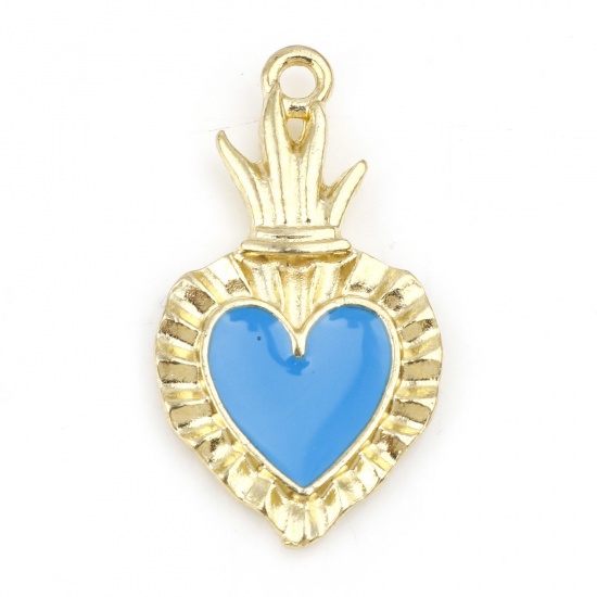 Picture of Zinc Based Alloy Religious Charms Gold Plated Blue Ex Voto Heart Enamel 27mm x 15mm, 10 PCs