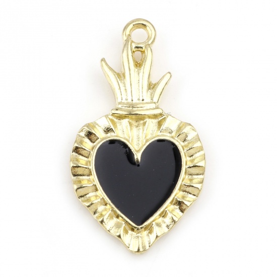 Picture of Zinc Based Alloy Religious Charms Gold Plated Black Ex Voto Heart Enamel 27mm x 15mm, 10 PCs
