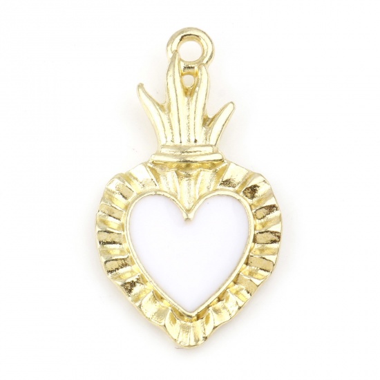 Picture of Zinc Based Alloy Religious Charms Gold Plated White Ex Voto Heart Enamel 27mm x 15mm, 10 PCs