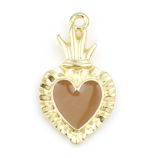 Picture of Zinc Based Alloy Religious Charms Gold Plated Brown Ex Voto Heart Enamel 27mm x 15mm, 10 PCs