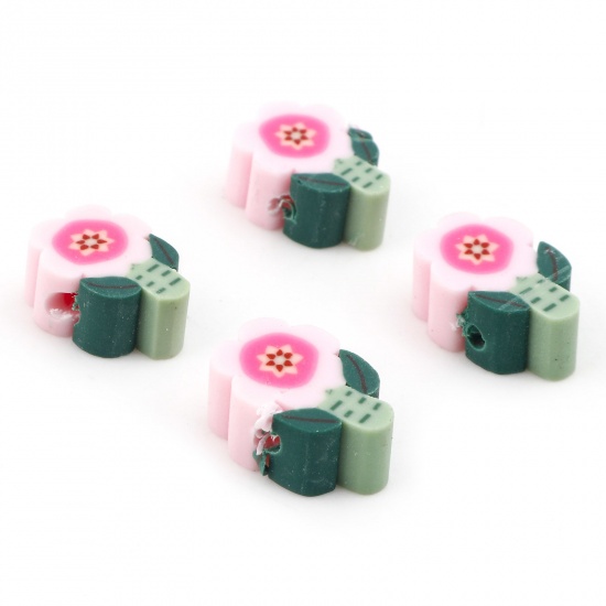 Picture of Polymer Clay Beads Flower Leaves Pink About 12mm x 8mm, Hole: Approx 1.5mm, 100 PCs