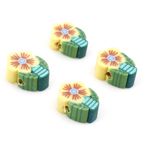 Picture of Polymer Clay Beads Flower Leaves Yellow About 12mm x 8mm, Hole: Approx 1.5mm, 100 PCs