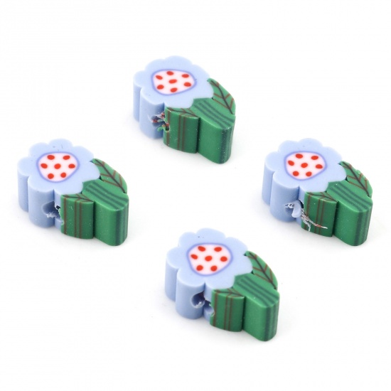 Picture of Polymer Clay Beads Flower Leaves Blue About 12mm x 8mm, Hole: Approx 1.5mm, 100 PCs