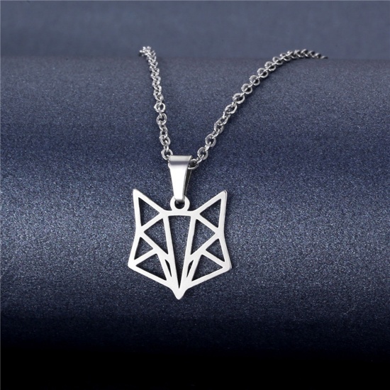 Picture of 304 Stainless Steel Origami Link Cable Chain Necklace Silver Tone Fox Animal 45cm(17 6/8") long, 2 PCs
