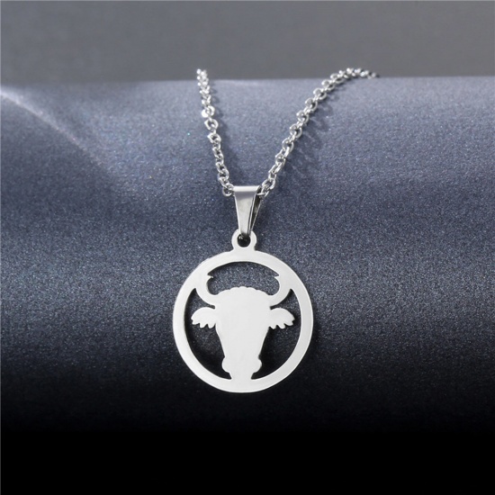 Picture of 304 Stainless Steel Pet Silhouette Link Cable Chain Necklace Silver Tone Round Cow 45cm(17 6/8") long, 2 PCs
