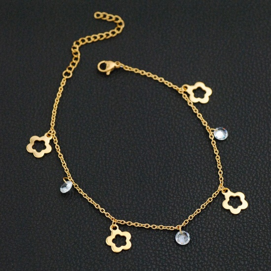 Picture of Stainless Steel Link Cable Chain Anklet Gold Plated Flower Clear Cubic Zirconia 21cm(8 2/8") long, 1 Piece