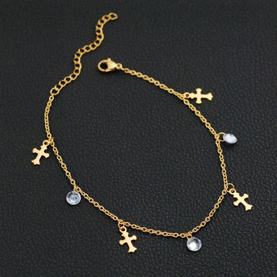 Picture of Stainless Steel Religious Link Cable Chain Anklet Gold Plated Cross Clear Cubic Zirconia 21cm(8 2/8") long, 1 Piece